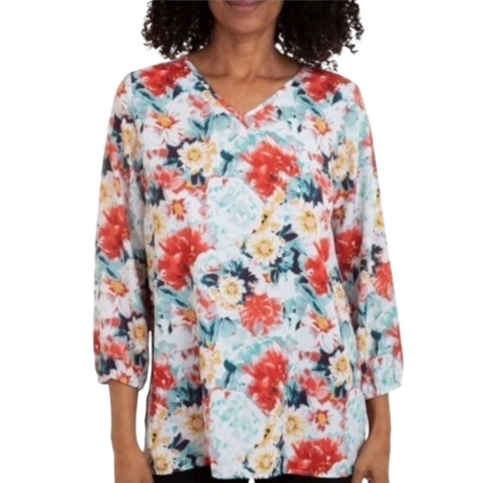 Mario Serrani Women’s Green White Multi Floral V Neck‎ Long Sleeve Blouse